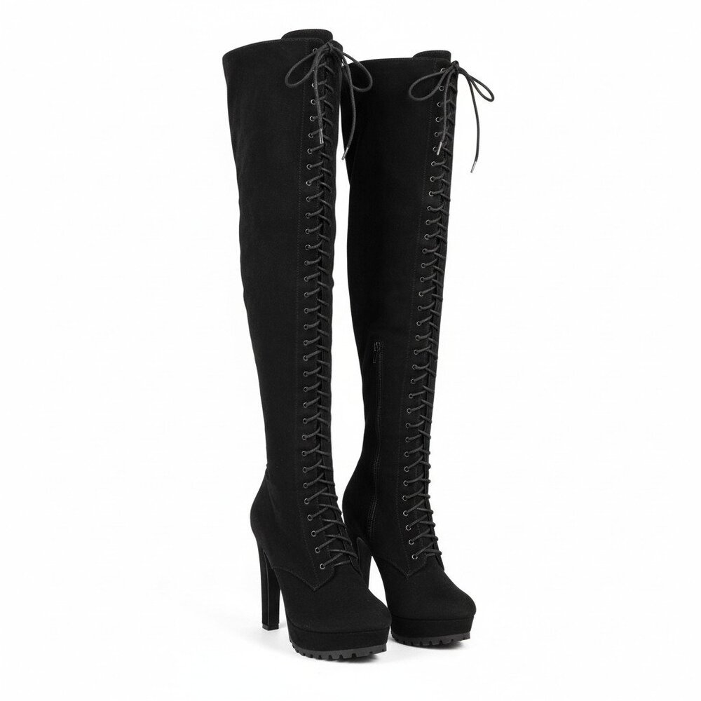 Remi Black Faux Suede Lace Up Over The Knee Boots Heels 7